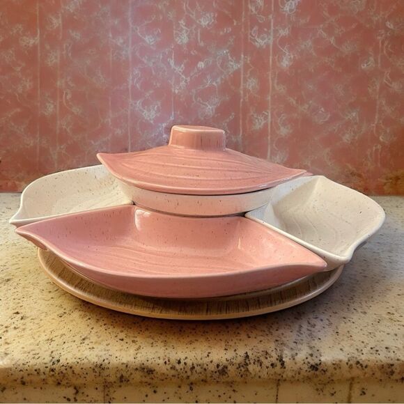 Vintage California Pottery Section Chip Dip Relish Lazy Susan Serving Snack Set - Picture 8 of 16